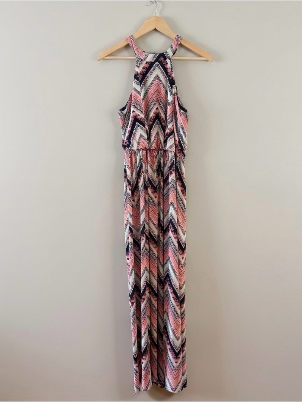 Sleeveless Chevron Maxi Dress in Coral, Navy and Cream - Picture 2 of 7